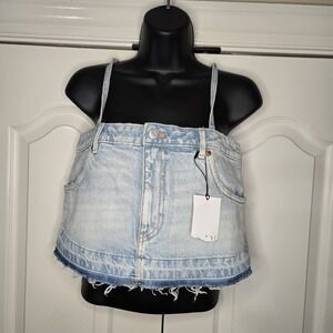 Zara Cropped Blue Denim Spaghetti Strap Jean Raw Hem Tank Top Size XS NWT‎